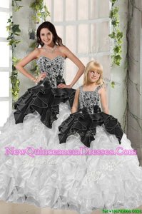 White and Black Sleeveless Beading and Ruffles Floor Length Quinceanera Dresses
