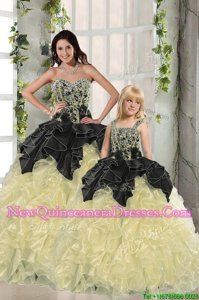 Cute Sweetheart Sleeveless Quinceanera Gown Floor Length Beading and Ruffles Black and Light Yellow Organza
