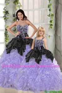 On Sale Sleeveless Floor Length Beading and Ruffles Lace Up Ball Gown Prom Dress with Black and Lavender