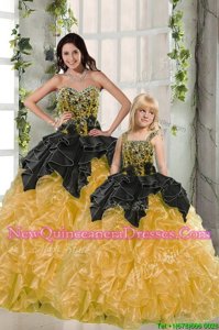 Excellent Black and Yellow Sweetheart Lace Up Beading and Ruffles Quinceanera Gown Sleeveless