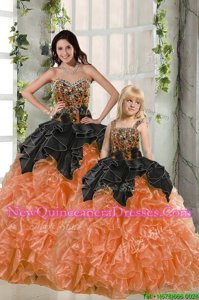 Superior Beading and Ruffles Sweet 16 Dress Orange Red Lace Up Sleeveless Floor Length