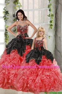 Delicate Beading and Ruffles Ball Gown Prom Dress Red And Black Lace Up Sleeveless Floor Length