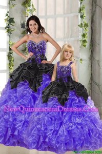 Chic Organza Sweetheart Sleeveless Lace Up Beading and Ruffles Ball Gown Prom Dress inBlack And Purple