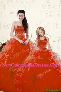 Chic Red Lace Up Sweetheart Beading and Ruffles Quinceanera Dress Organza Long Sleeves