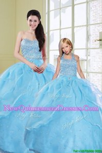 On Sale Sequins Baby Blue Sleeveless Organza Lace Up Quince Ball Gowns for Military Ball and Sweet 16 and Quinceanera