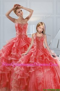 Excellent Ruffled Floor Length Coral Red Quinceanera Dresses Sweetheart Sleeveless Lace Up