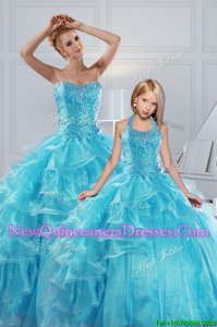 Enchanting Aqua Blue Ball Gowns Sweetheart Sleeveless Organza Floor Length Lace Up Beading and Ruffled Layers Sweet 16 Dress