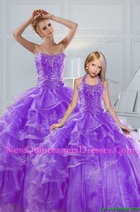 Noble Floor Length Lace Up 15 Quinceanera Dress Lavender and In for Military Ball and Sweet 16 and Quinceanera withBeading and Ruffled Layers
