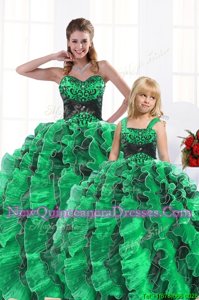 Customized Spring and Summer and Fall and Winter Organza Sleeveless Floor Length Quinceanera Dresses andBeading and Appliques and Ruffles