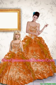 Superior Orange Ball Gowns Strapless Sleeveless Taffeta Floor Length Lace Up Beading and Embroidery and Pick Ups Quinceanera Gowns