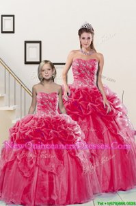 Adorable Pick Ups Coral Red Sleeveless Organza Lace Up Quinceanera Gown for Military Ball and Sweet 16 and Quinceanera