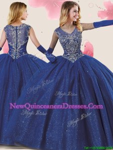 On Sale Royal Blue Cap Sleeves Floor Length Beading and Sequins Zipper Sweet 16 Quinceanera Dress