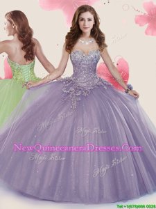 Vintage Lavender Tulle Lace Up Sweet 16 Quinceanera Dress Sleeveless Floor Length Beading and Appliques