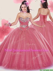 Watermelon Red Vestidos de Quinceanera Tulle Sleeveless Spring and Summer and Fall and Winter Beading and Sequins