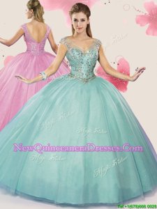 Fashionable Apple Green Ball Gowns V-neck Cap Sleeves Tulle Floor Length Backless Beading Quinceanera Gown