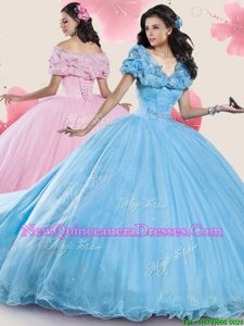 Elegant Off the Shoulder Cap Sleeves Court Train Lace Up With Train Sequins and Bowknot Ball Gown Prom Dress