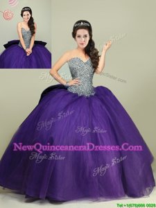 Edgy Floor Length Lace Up 15th Birthday Dress Purple and In for Military Ball and Sweet 16 and Quinceanera withBeading and Bowknot