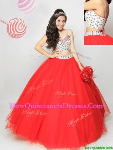 Lovely Coral Red Lace Up 15th Birthday Dress Beading Sleeveless Floor Length