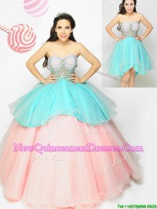 Gorgeous Turquoise and Peach Ball Gowns Sweetheart Sleeveless Organza Floor Length Lace Up Appliques Quince Ball Gowns