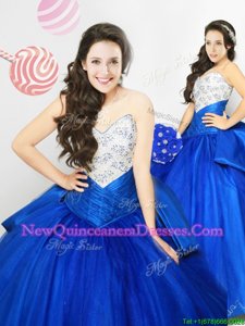 Clearance Royal Blue Lace Up Sweetheart Beading and Ruching and Bowknot Quinceanera Dresses Tulle Sleeveless