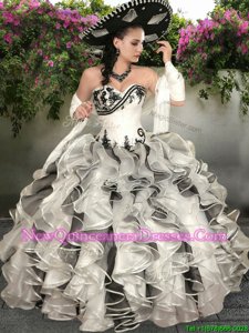 Colorful White and Black 15 Quinceanera Dress Military Ball and Sweet 16 and Quinceanera and For withAppliques and Ruffles Sweetheart Sleeveless Lace Up