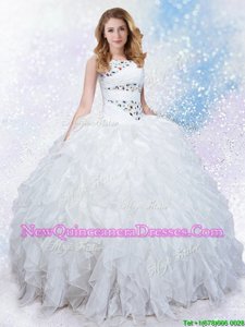 Ideal White Ball Gowns Strapless Sleeveless Organza Floor Length Lace Up Ruffles 15th Birthday Dress