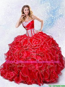 Edgy Red Ball Gowns Organza Sweetheart Sleeveless Beading and Ruffles Floor Length Lace Up 15th Birthday Dress