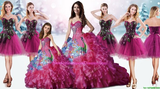 Ideal Hot Pink Ball Gowns Organza and Tulle and Printed Sweetheart Sleeveless Beading and Ruffles and Pattern Floor Length Lace Up Sweet 16 Dresses