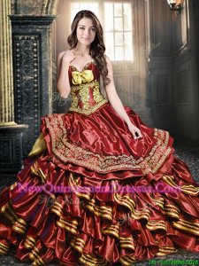 Sweet Floor Length Lace Up Sweet 16 Quinceanera Dress Wine Red and In for Military Ball and Sweet 16 and Quinceanera withLace and Embroidery and Ruffled Layers and Bowknot