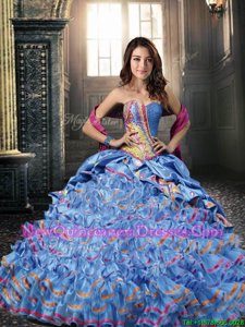 Fantastic Sleeveless Floor Length Beading and Ruffled Layers Lace Up 15 Quinceanera Dress with Light Blue