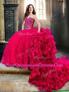 Fine Sweetheart Sleeveless Court Train Lace Up Ball Gown Prom Dress Red Organza