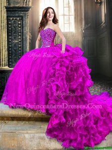 Cheap Fuchsia Sweetheart Lace Up Beading and Lace and Ruffles 15 Quinceanera Dress Court Train Sleeveless