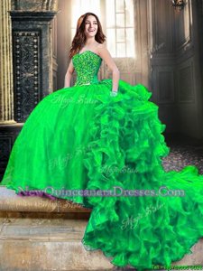 Custom Designed Green Sweetheart Lace Up Beading and Ruffles Sweet 16 Dress Court Train Sleeveless