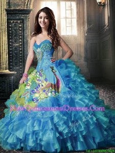 Luxury Printed Sleeveless Lace Up Floor Length Beading and Ruffles and Pattern Vestidos de Quinceanera
