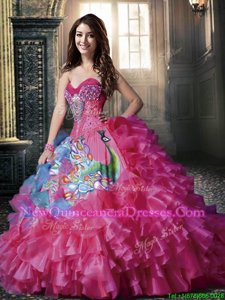 Lovely Printed Floor Length Ball Gowns Sleeveless Hot Pink 15th Birthday Dress Lace Up