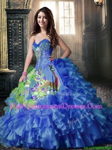 Printed Sleeveless Lace Up Floor Length Beading and Ruffles and Pattern Sweet 16 Dress