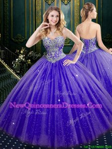 Pretty Lavender Ball Gowns Beading and Sequins Ball Gown Prom Dress Lace Up Tulle and Sequined Sleeveless Floor Length