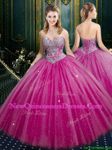 Elegant Hot Pink Ball Gowns Tulle and Sequined Sweetheart Sleeveless Beading and Sequins Floor Length Lace Up 15 Quinceanera Dress