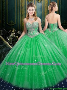 Glittering Tulle and Sequined Sweetheart Sleeveless Lace Up Beading and Sequins Quinceanera Dress inGreen