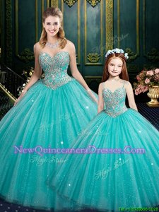 Trendy Sequins Sweetheart Sleeveless Lace Up Sweet 16 Dresses Aqua Blue Tulle and Sequined