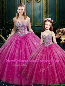 Luxury Sleeveless Tulle and Sequined Floor Length Lace Up Ball Gown Prom Dress inHot Pink withBeading and Sequins