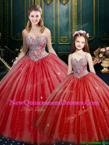 Low Price Red Tulle and Sequined Lace Up Sweetheart Sleeveless Floor Length Sweet 16 Dress Beading and Sequins
