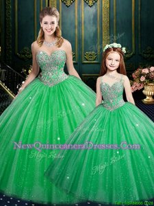 Floor Length Lace Up Quinceanera Gown Green and In for Military Ball and Sweet 16 and Quinceanera withBeading and Sequins