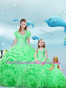 Luxury Square Sleeveless Floor Length Beading and Ruffles and Pick Ups Lace Up Sweet 16 Dress with Green