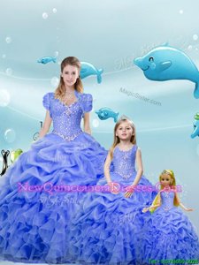Latest Blue Sweetheart Neckline Beading and Ruffles and Pick Ups Quinceanera Dresses Sleeveless Lace Up