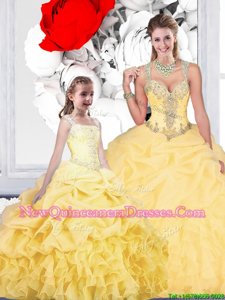 Cheap Straps Straps Gold Organza Lace Up 15th Birthday Dress Sleeveless Floor Length Beading and Ruffles and Pick Ups