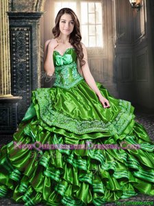 Customized Green Sleeveless Appliques and Ruffled Layers Floor Length Quinceanera Gown