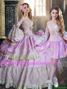 Dynamic Pink Lace Up Ball Gown Prom Dress Lace and Appliques Long Sleeves Floor Length