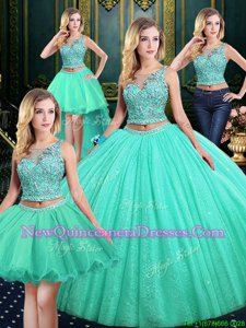 Eye-catching Scoop Turquoise Ball Gowns Lace and Appliques Sweet 16 Dresses Lace Up Tulle Sleeveless Floor Length