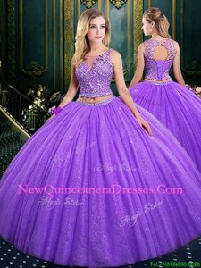 Fantastic Scoop Lavender Sleeveless Lace and Appliques Floor Length Quinceanera Dress